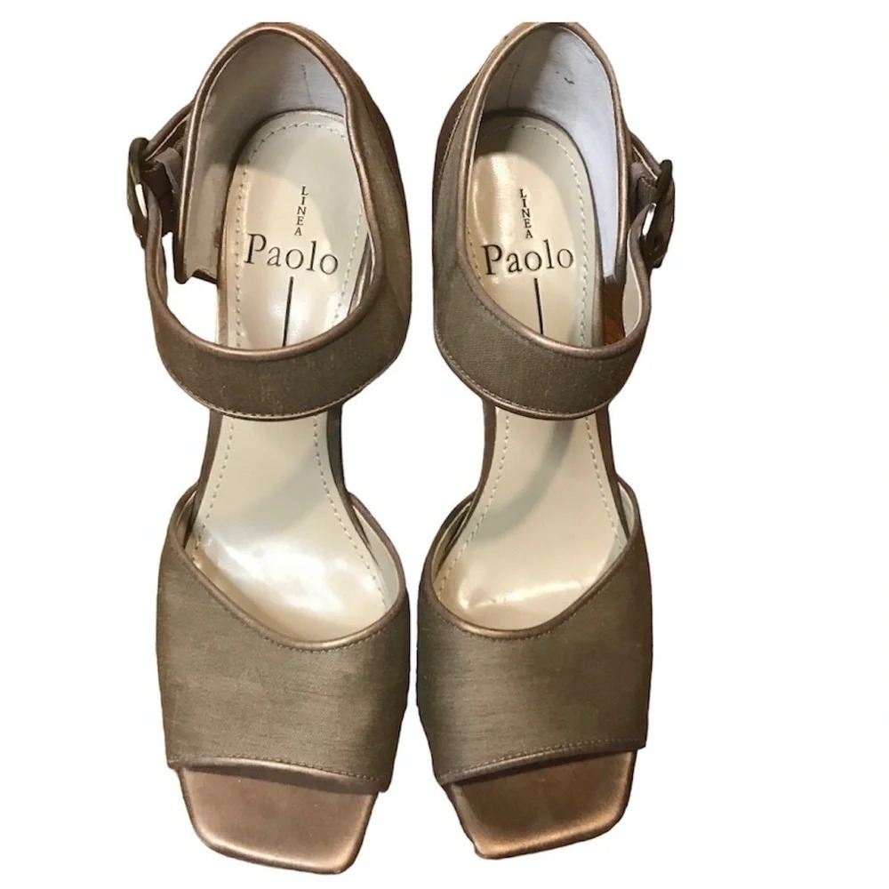 Linea Paolo Bronze Metallic Satin Block Heel Sandals - Size 8 - Picture 2 of 9